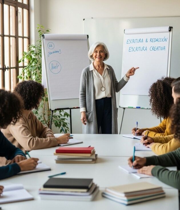Talleres y charlas presenciales sobre redacción y escritura creativa.